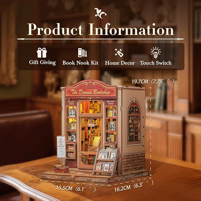 Fsolis Book Nook Kit, DIY Bookshelf Miniature Bookshelf Kit for Adults Tiny House 3D Puzzle Booknook Adult Craft Gifts for Women Teenagers Book Lovers (The Drama Bookshop)