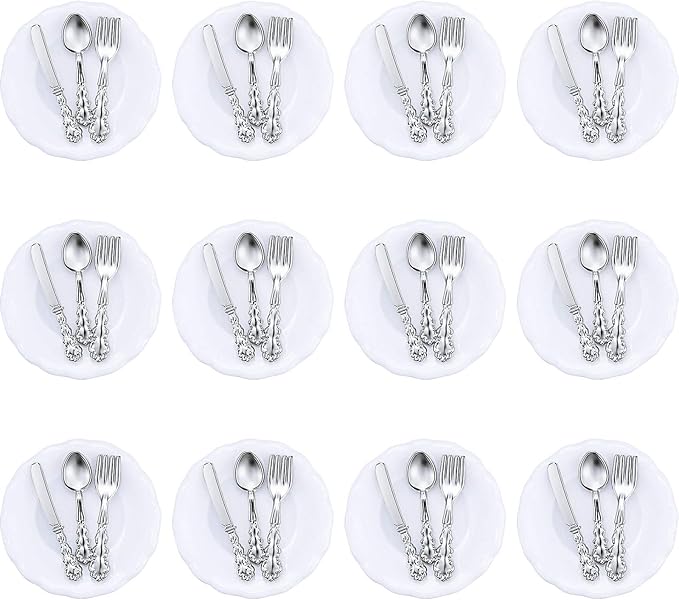 12 Pieces 1:12 Scale Miniature Plates and 12 Pieces Knives Forks Spoons Metal Tableware Dollhouse Miniatures Porcelain Plate Set Dollhouse Kitchen Decoration Accessories