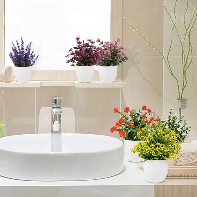 Yoratee Artificial Small Plant 6pcs Fake Flower Potted Plant Bathroom Faux Plant for Indoor Decor Window Tabletop Office Colorful Flower