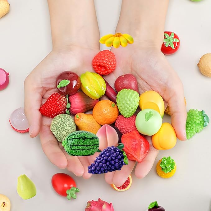 40Pcs Mini Resin Fruit, Miniature Fruits Figures, Fake Pineapple Strawberry Banana Lemon Peach Fruit Decorations for Mini Home Kitchen, Garden, Holiday Decoration, Cake Decoration