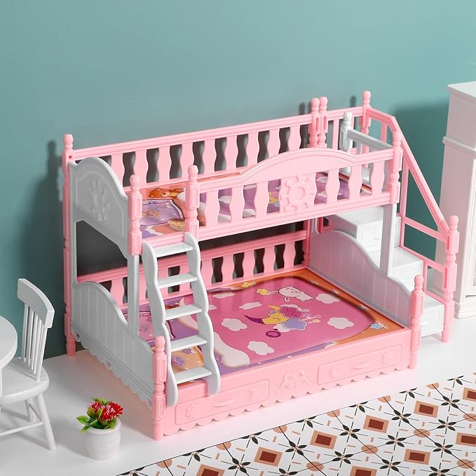 Totority 1/12 Scale Dollhouse Bunk Bed Dollhouse Furniture with Bedding and Pillow, Space-Saving Lightweight Design for Kids' Pretend Play and Doll House Decoration
