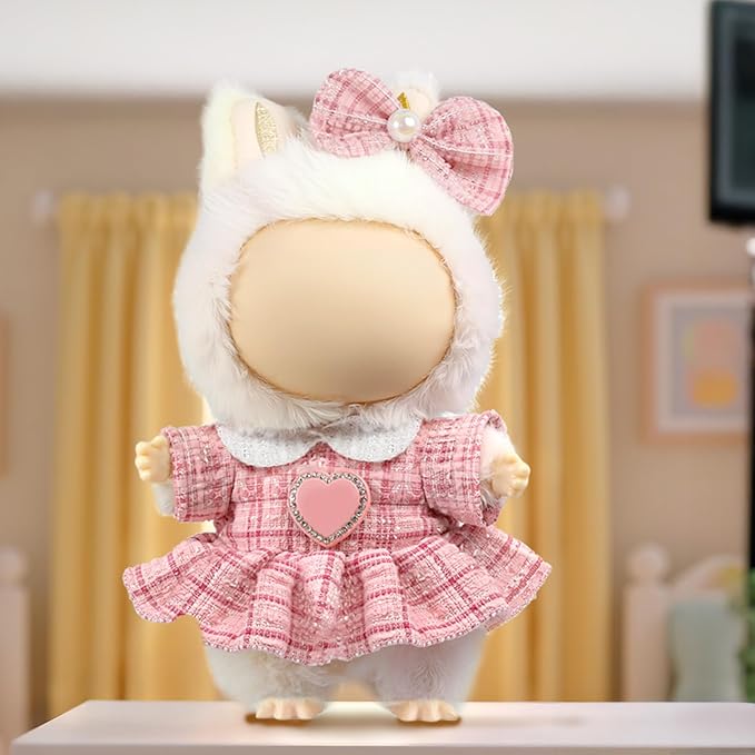 Clothes for LABUBU Doll (NO Doll), Luxury Chic Style 2-Piece Accessories for LABUBU 17cm Dolls, Premium Fashion Outfits for LABUBU - Bow Headdress + Plaid Tweed Dress (Pink)