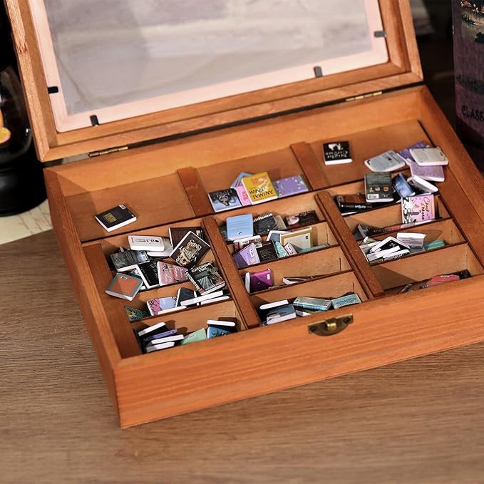 Anxiety Bookshelf Shake Away Your Anxiety, Miniature Book Display Case Cabinet with 200 Mini Books, Creative Wooden Mini Bookshelf Shake Anxiety Stress Reliever Funny Gifts for Book Lovers (Brown)