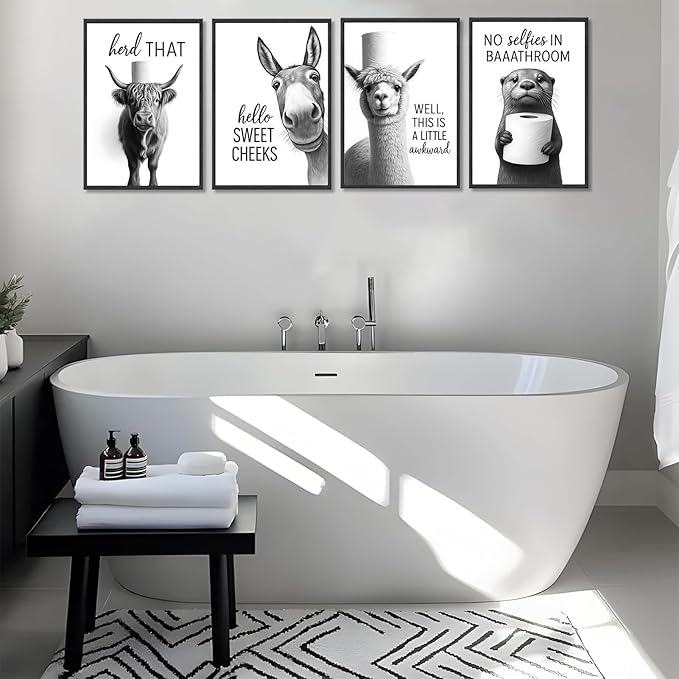 Funny Bathroom Wall Art Set of 4 Black and White Bathroom Wall Decor Toilet Paper Pictures Cute Humorous Animal Posters Prints Toilet Signs Painting Artwork Decoration 8x10in Unframed