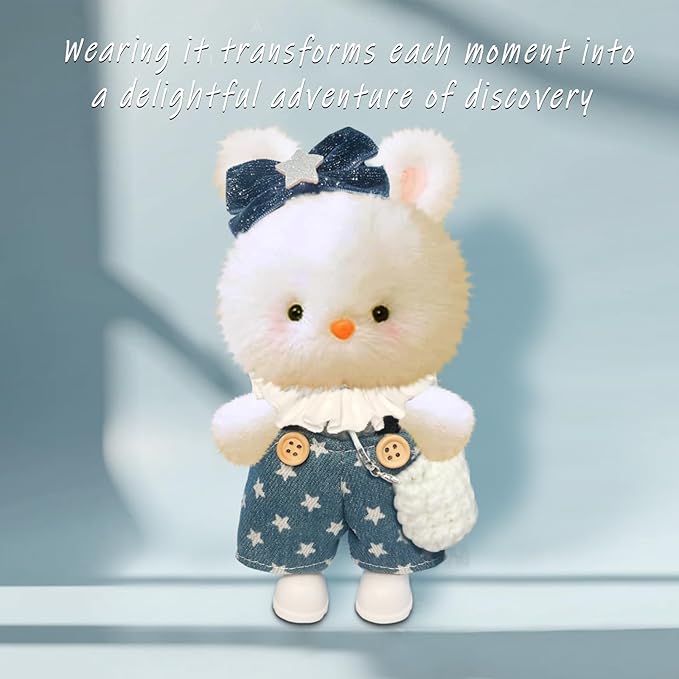 Clothes for 6.7inch /17cm Dolls (Without Dolls) ,Sets and Accessories,6pc Set（Overalls + hat + Bow + Vintage Collar + Bag + Shoes）(Star Overalls)