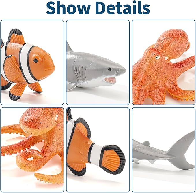 14PCS Large Ocean Sea Animal Toys with Corals for Kids, Realistic Soft Plastic Shark,Octopus,Starfish,Sea Turtle for Toddler Boy Girl, Under The Sea Party Favors, Birthday Gifts