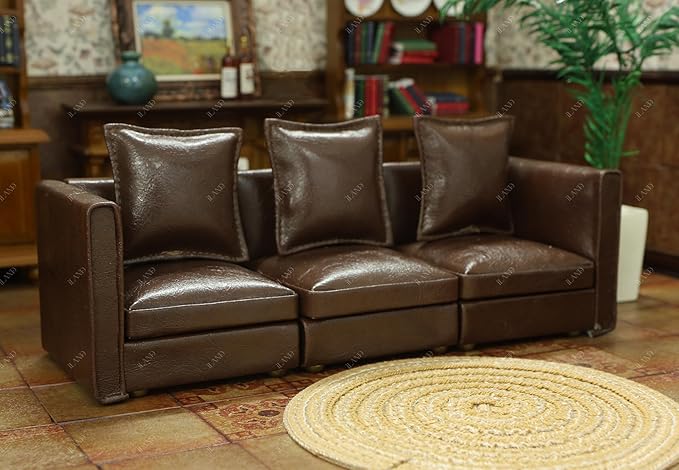 iLAND Dollhouse Furniture Miniature Sectional Couch Set for Doll House Décor Fit 1/12 Scale Accessories, Modern Brown Faux Leather Sofa Timeless & Classic