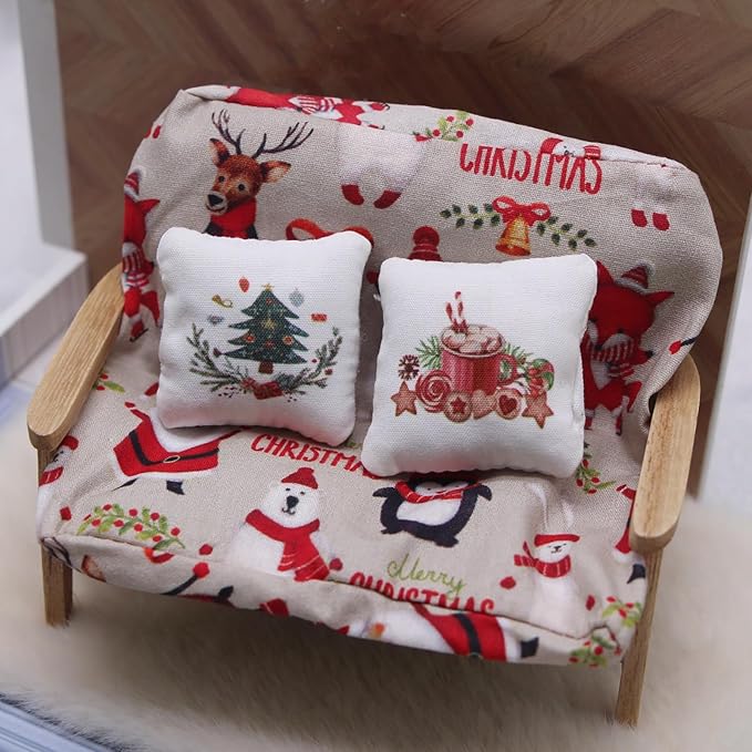4PCS Miniature Dollhouse Christmas Pillow with Christmas Tree Snowman Cookies Candles Pattern 1/12 Miniature Sofa Throw Pillow for Dollhouse Sofa Bed Decorations