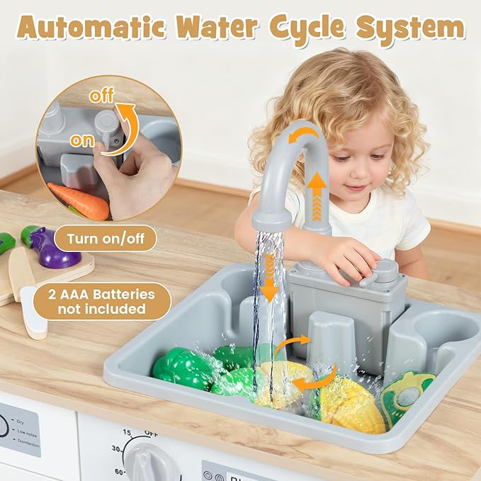 INFANS Kids Kitchen Playset, 2 in 1 Wooden Pretend Play Kitchen with Running Water Fridge Realistic Sounds Lights, Toddler Cooking Toys Gift for Boys Girls