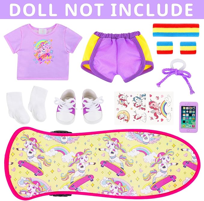 American 18 Inch Doll Skateboard Outfit Set for - 11pcs Fashion Doll Clothes and Accessories