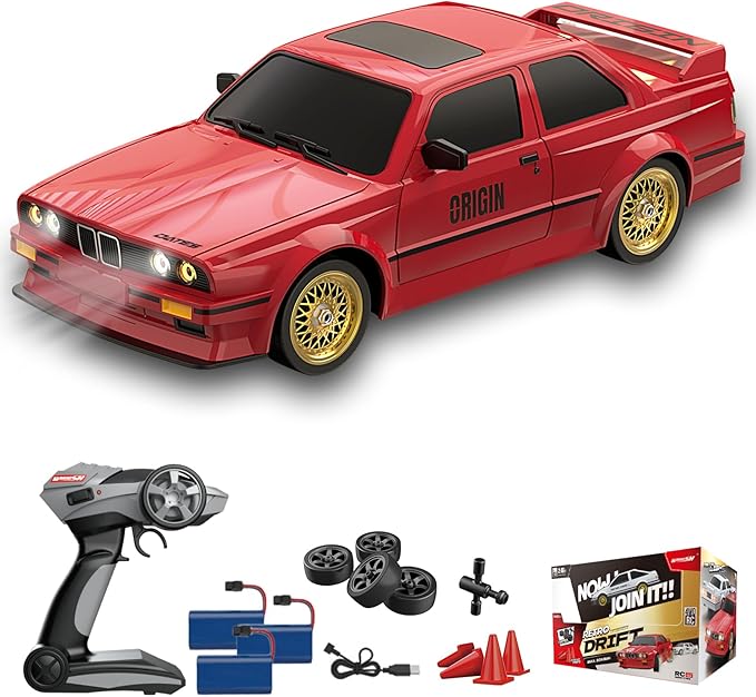 1:16 Scale RC Drift Car, 30KM/H 4WD 2.4GHz Remote Control Cars with LED Light, Racing and 4 Drifting Wheels, 3 Rechargeable Batteries, Perfect Toy Gift for Teen Adults Red