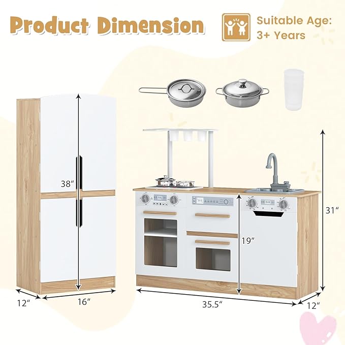 INFANS Kids Kitchen Playset, 2 in 1 Wooden Pretend Play Kitchen with Running Water Fridge Realistic Sounds Lights, Toddler Cooking Toys Gift for Boys Girls