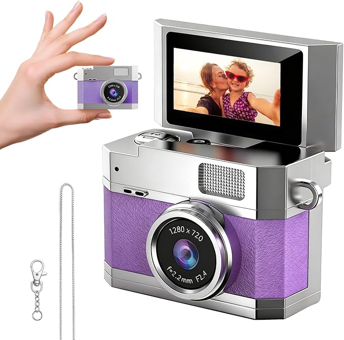 ‌Mini Keychain Digital Camera Purple - HD Mini Digital Camera with 0.96" Flip Screen & 32GB Card,Funny Gifts for Friends,Valentines Day Gifts