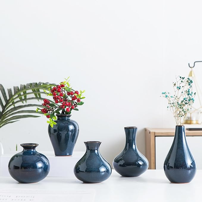 Small Ceramic Vase Set of 5, Blue Bud Vase, Boho Decorative for Fireplace, Entryway and Living Room, Centerpiece Table Decorations