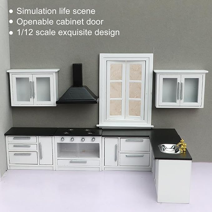 Keenso 1:12 Mini Dollhouse Kitchen Cabinet Set Simulation Life Scene Craftsmanship Dollhouse Decoration DIY