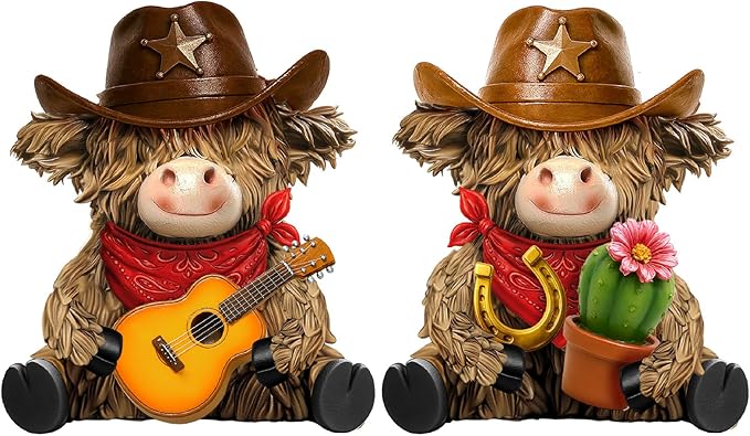 Burbell 2 Pcs Highland Cow Figurines Decor Cowboy Gnomes with Western Cowboy Hat Resin Statue Calf Lovers Gifts for Farmhouse Home Garden Bathroom Kitchen Office Tiered Tray Table Decor