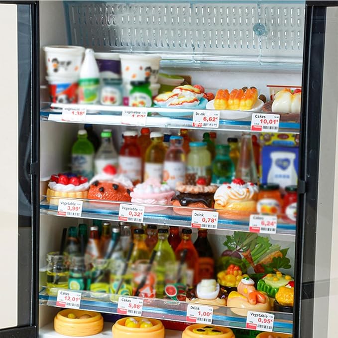 1/20 Scale Mini Food-Play Realistic Double-Door Fridge Model, Miniature Kitchen Supermarket Props, Pretend-Play Fridge Set (Dark Grey Refrigerator + 60 Random Items + Shopping Cart/Light-Up