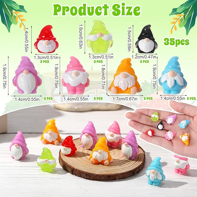 35 Pcs Mini Resin Gnomes 7 Colors Tiny Gnomes Miniature Figurines Miniature Gnome Figurines Mini Gnome Decor for Garden Landscape Outdoor Patio Yard Lawn Dollhouse Potted Plant Decor