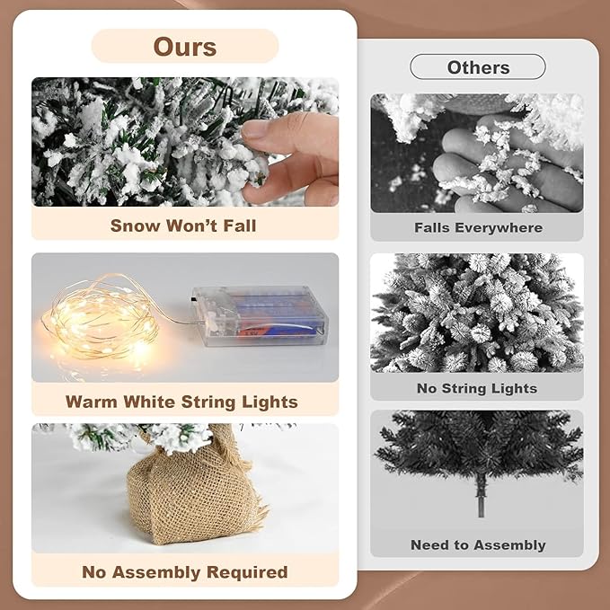 24 Inch Snowy Mini Christmas Tree, Small Tabletop Flocked Tree with LED Lights, Pine Cones, Balls, Star Tree Topper, Gift Box and Cloth Bag Base, Xmas Decorations (Christmas Tree)