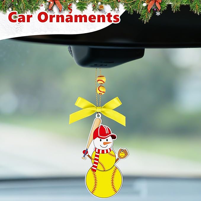 4.3 Inches Snowman Softball Christmas Ornament, Wooden Softball Snowman Tree Ornament Hanging Decoration for Rearview Mirror, Window, Eaves, Fireplace and Home Holiday Party Decor