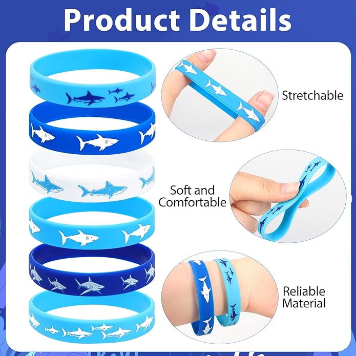 30 PCS Shark Silicone Bracelets Rubber Wristbands for Baby Shower, Under the Sea, Shark Themed Birthday Party Favors