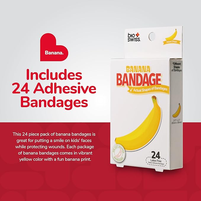 BioSwiss Bandages, Banana Shaped Self Adhesive Bandage Set, Latex Free, Sterile Wound Care, 24 Count