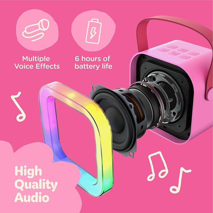 Move2Play, Mini Karaoke Machine for Kids | Built-in 20+ Songs | Bluetooth Speaker & Microphones | Voice Effects | Toddler Music Toy | Christmas Stocking Stuffer | Girls & Boys Age 2 3 4 5 6+ | Pink
