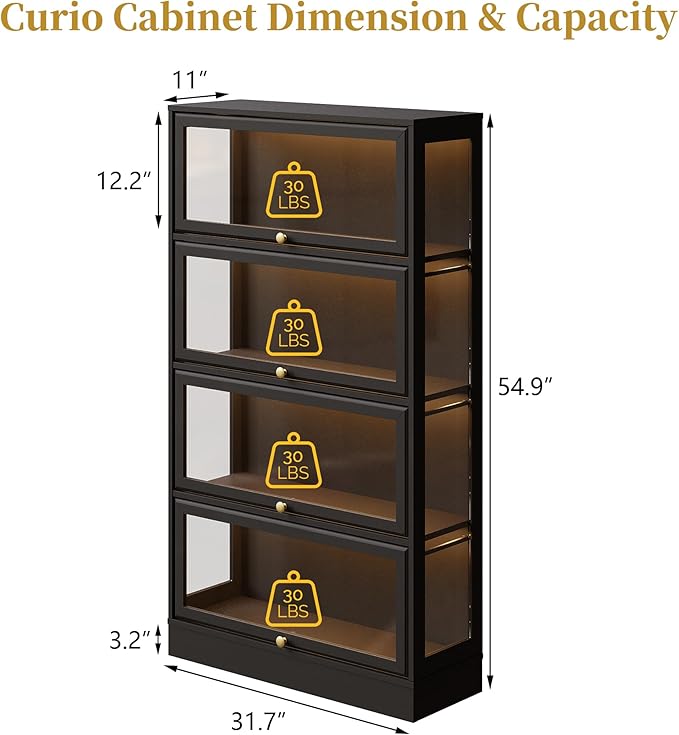 Display Cabinet with Acrylic Glass Doors,4-Tiers Curio Cabinet with LED Lighting for Collectibles, Collectibles Toy Organizers Rack & Display Shelf Display Case Storage Cabinet, Black