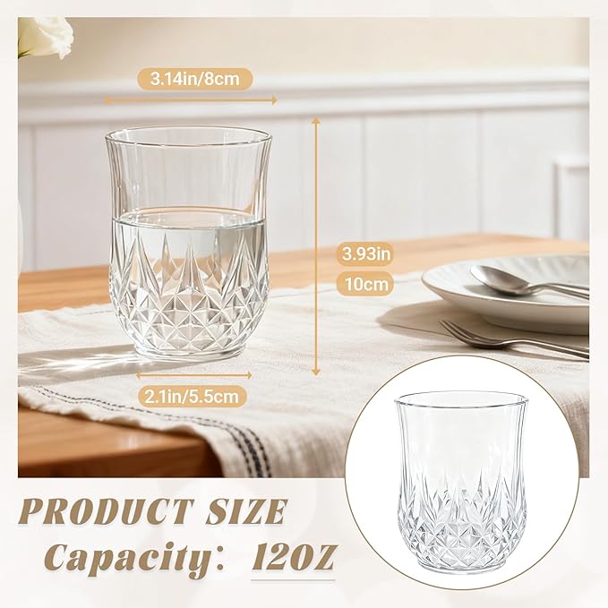 LEYIQU Stemless Wine Glasses, Plastic Reusable Cups Vintage Drinking Glasses Tumblers, Valentine’s Day Gifts for Couples, for Whisky, Beer, Juice, Beverages, Cocktai (24, 12oz-Transparent)