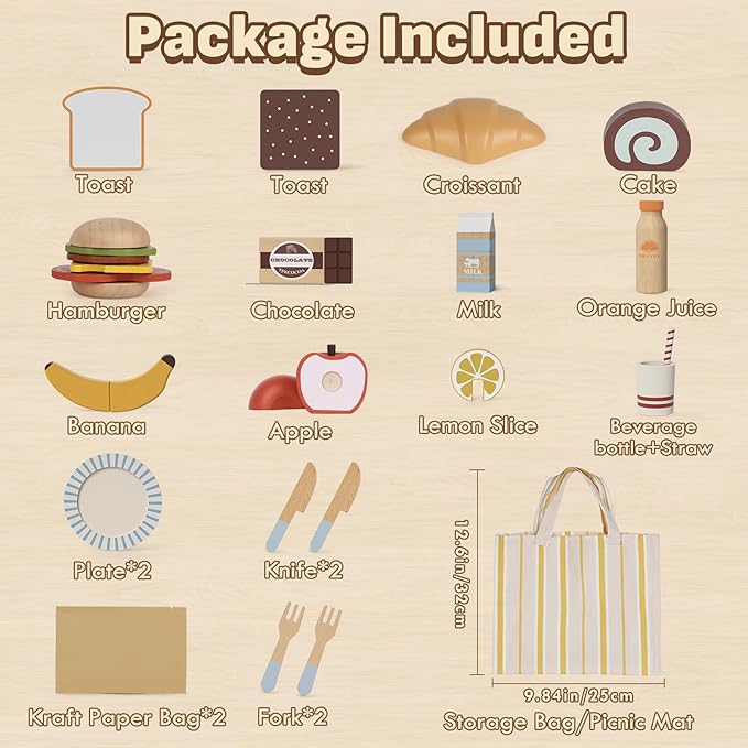 Lehoo Castle Play Food Sets for Kids Kitchen, Wooden Toys Food for Toddlers 3+, Pretend Picnic Play Set, Cutting Food Toys, Gift for Girls Boys 3 4 5 6