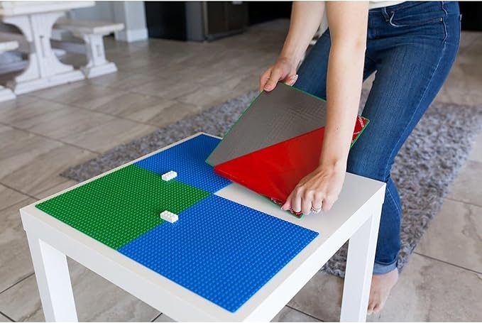 Creative QT Peel & Stick Blocks Base Plate - 10 x 10 in, 4-Pack, Blue & Green - Stackable Building Toy for Play Tables & Wall Panels - Adhesive Baseplate Compatible with Lego & Other Major Brands