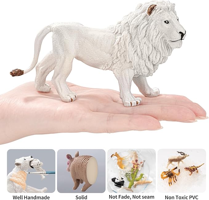 6PCS White Lion Toys Figurines Pride, African Jungle Animals Lion Family, Realistic Zoo Animal Toys, Preschool Toy Birthday Gift Cake Toppers for Kids Boys Girls