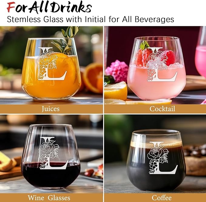 Personalized Gifts for Women, Monogrammed A-Z Wine Glass Customized Gift, Unique Wedding Birthday Gifts for Women Her Mom Friend Sister Wife Daughter Nurse - Dishwasher Safe (L)