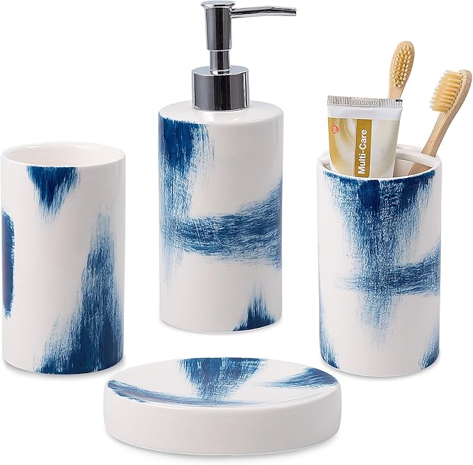 4 Piece Painted Ceramic Bathroom Accessory Set, Includes Soap Dispenser Pump, Toothbrush Holder, Tumbler, Soap Dish Sanitary, Ideas Home Gift for Ware Home Decor Bath(Blue & White)