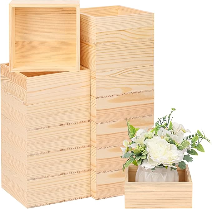 14 Pack 6 x 6 Inches Unfinished Wooden Boxes, Small Unfinished Square Wood Box Bulk, Small Wooden Box for Art DIY, Jewelry Storage, Home Decor, Succulent Plant Pot