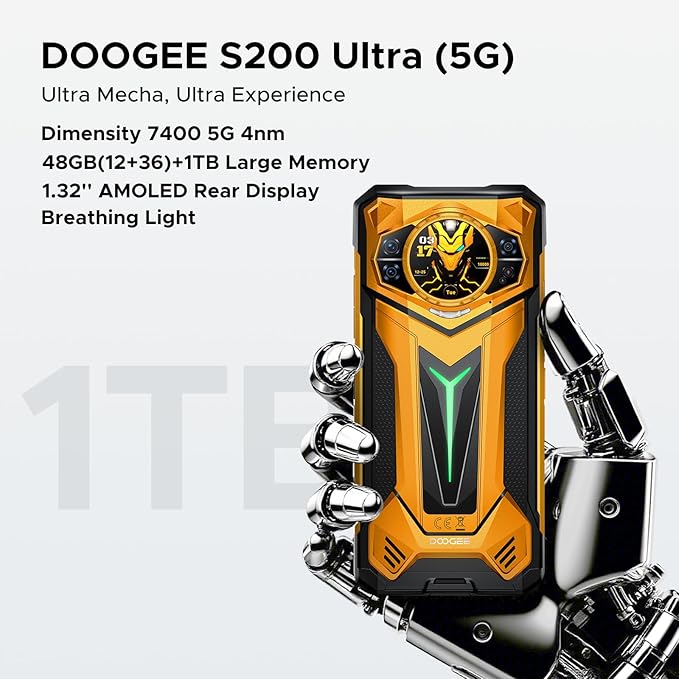 DOOGEE S200 Ultra Rugged Phone Unlocked, 5G Android 15 with 1.32" Secondary Display, 48GB+1TB Storage, 11000mAh, 66W Fast Charge, AI Quad Camera 100MP+32MP, 6.72" Rugged Smartphone Dual SIM/NFC/OTG