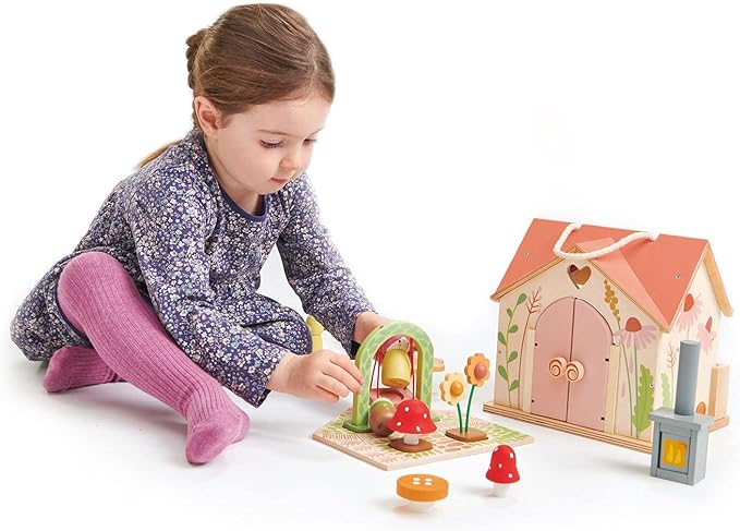 Tender Leaf Toys - Rosewood Cottage - Portable Furnished Wooden 2-Story Dollhouse Set with Handle, 4 Pcs Miniature Toadstool Family with 10 Accessories - Pretend Play Gift for Kids - Age 3+