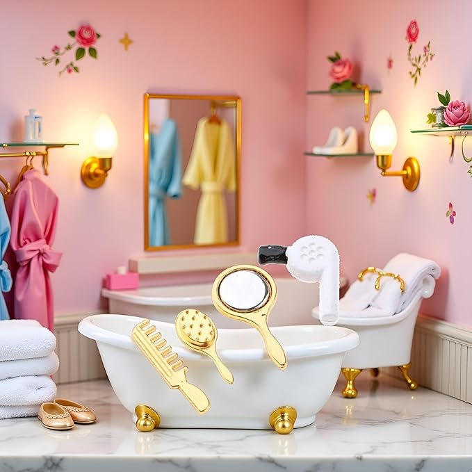 4Pcs Dollhouse Miniature Bathroom Set with Hair Dryer,Miniature Comb Hair Dryer Mirror Makeup Set /12 Dollhouse Decorations,Dollhouse Furniture,Dollhouse Accessories