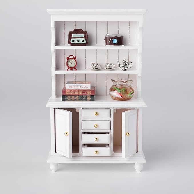 1/12 Dollhouse Cabinet Set, 11Pcs Dollhouse Miniature Wooden Bookshelf with Accessories (Alarm Clock, Fish Tank, Books, Coffee Cups) for Living Room,Dining Room,Study and Other Scenes
