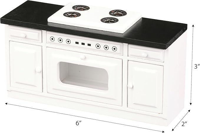 Wooden Dollhouse Kitchen Stove, Miniature Dolls House Oven, Four Burners, Range, Cabinet, 1/12 Scale, White Farmhouse