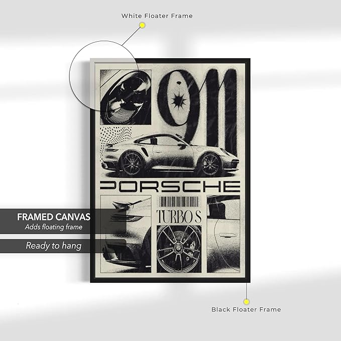 Canvastoria Porsche 911 Turbo S Canvas Wall Art | Black & White Automotive Poster Print | Luxury Sports Car Decor