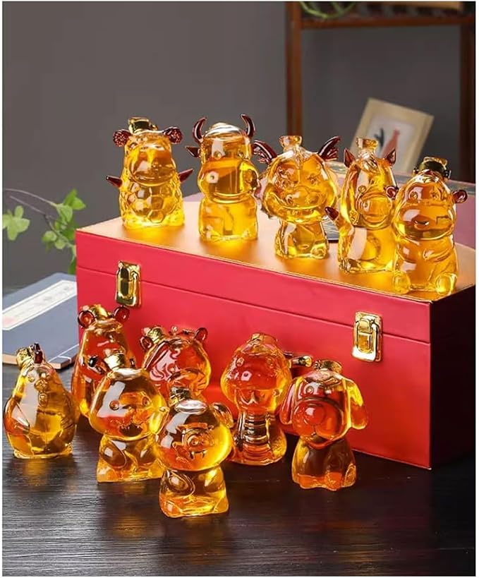 Chinese Zodiac Mini Whiskey Decanter Set of 12 with Stopper. Creative Animal Clear Glass Wine Bottle Miniature Liquor Dispenser for New Year (Size : 150ml x 12)