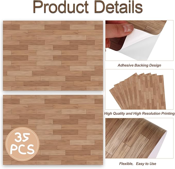 35 Pcs Miniature Dollhouse Wallpaper Self-Adhesive Mini DIY Floorboards Wall Paper Real Life DIY Decoration for Dollhouse(Brown)