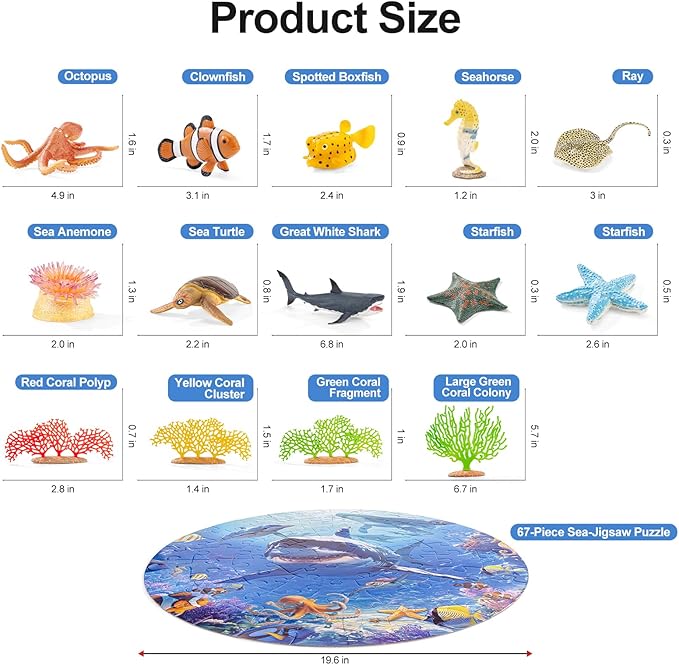 14PCS Realistic Ocean Sea Animals Coral Toys with 20" Floor Puzzles for Kids, Kids Ocean Animals Toys Including Shark,Octopus,Starfish,Sea Turtle for Toddler Boys Girls, Birthday Gifts