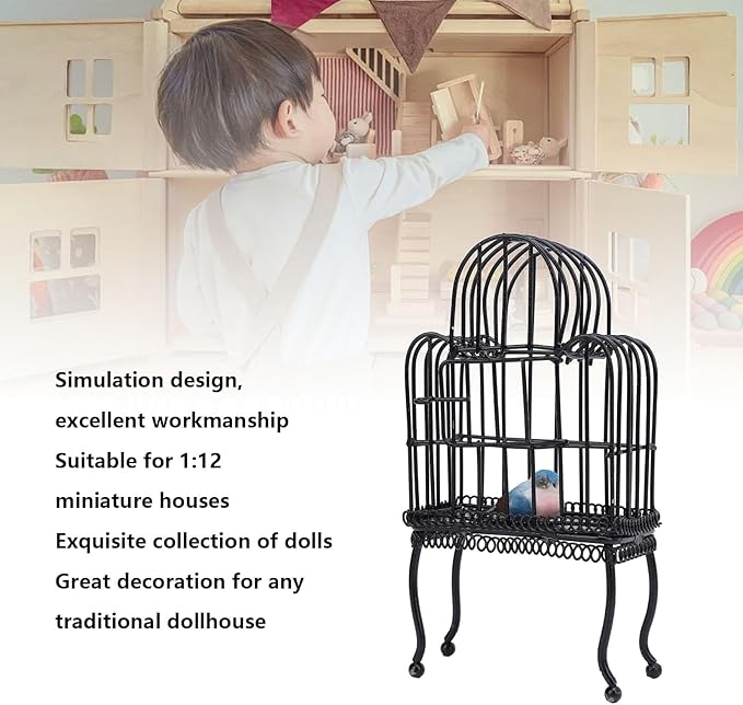1:12 Scale Dollhouse Bird Cage Metal Miniature Bird Cage Realistic Opening Door Miniature Dollhouse Bird Cage with Fake Grass Bird Sticker (Black)