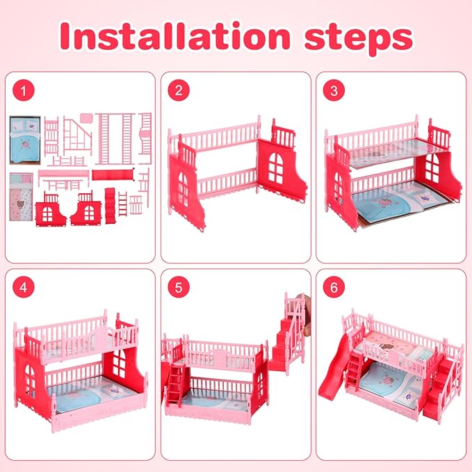 Angoily Dollhouse Bunk Beds, Miniature Doll Bunk Bed with Ladder Doll House Double Layered Furniture Accessory for Pretend Play Bedroom Decoration Compact Dollhouse Accessories Small Pink