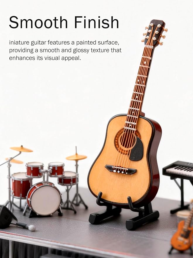 Miniature Guitar Model, Wooden Mini Guitar with Stand and Case, 3.95in Dollhouse Guitar, Musical Instrument Model Home Decor(10CM)