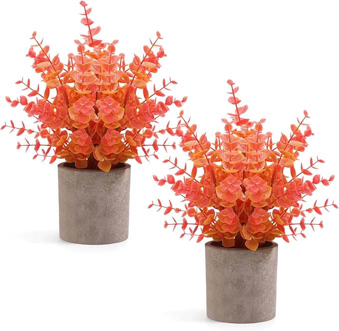 Coferset 2 Pack Fall Small Fake Plants Eucalyptus Potted Artificial Plants Fall Decorations for Home Shelf Office Bathroom Desk Farmhouse Room Coffee Table Decor Fall Decor (Fall Orange)
