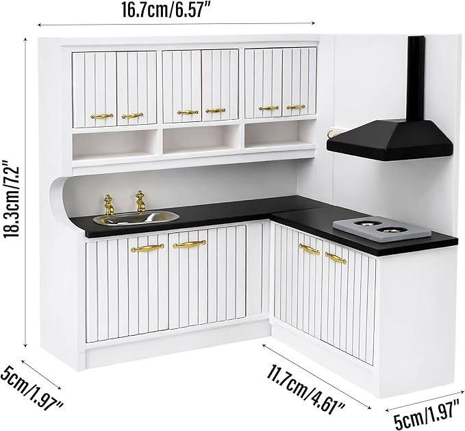 Doll House Kitchen Cabinet - 1/12 Scale Miniature Mini Table with Stove Sink Cabinet, Mini Wooden Dining Room Furniture Accessories, Decoration for Dollhouse Accessory