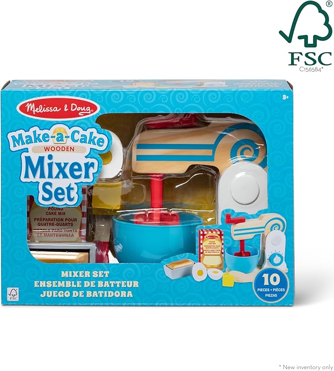 Melissa & Doug Make-a-Cake, 10-Piece Wooden Mixer Set with Play Food & Play Kitchen Accessories, Preschool Toys for Girls & Boys Ages 3+ - FSC Certified